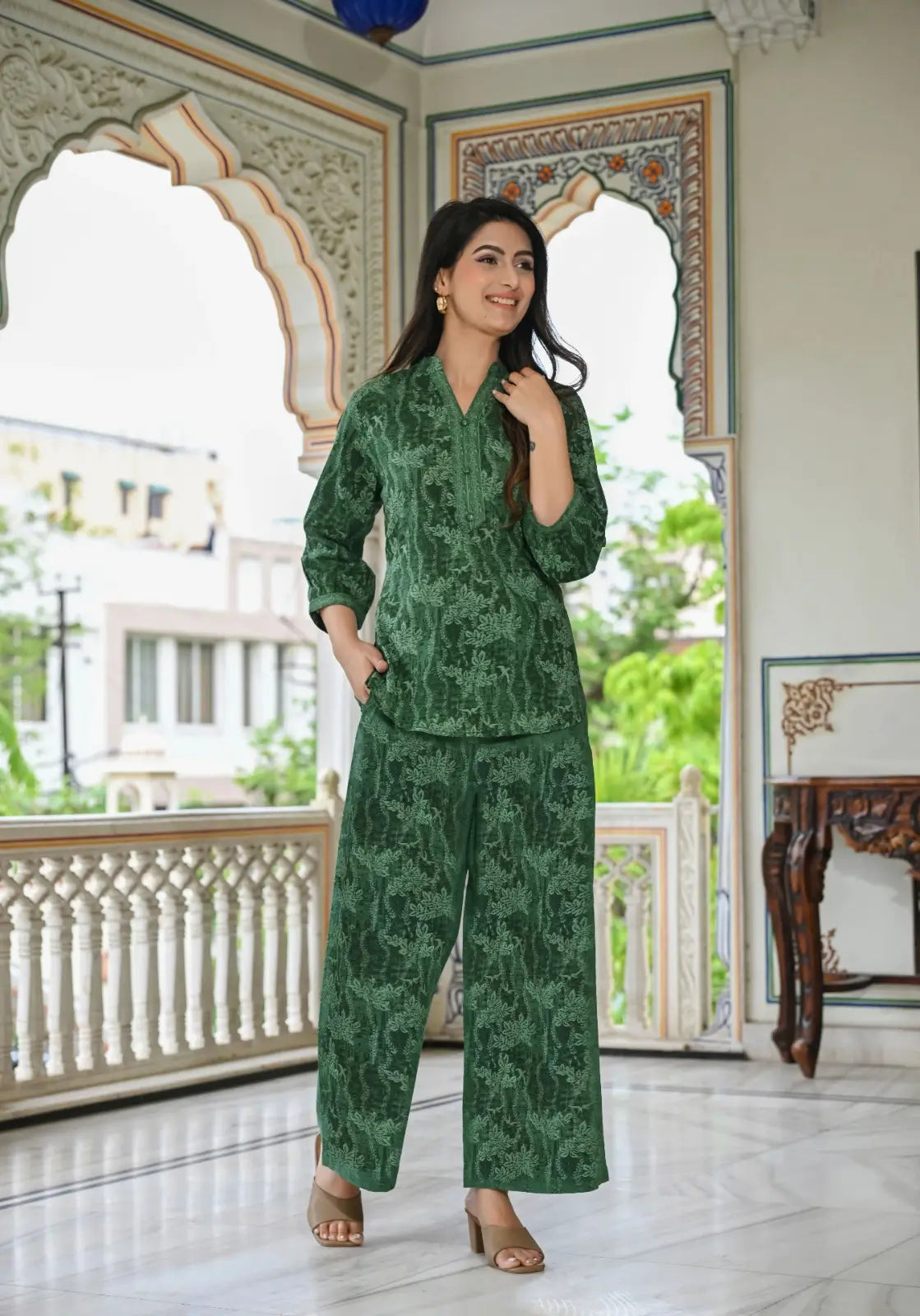 Green floral texture print cotton co-ord set