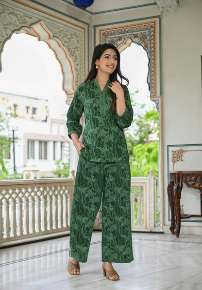Green floral texture print cotton co-ord set