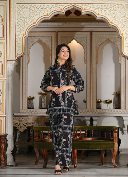 Black geometric floral print cotton co-ord set