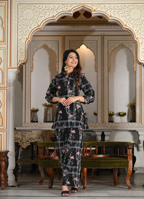 Black geometric floral print cotton co-ord set