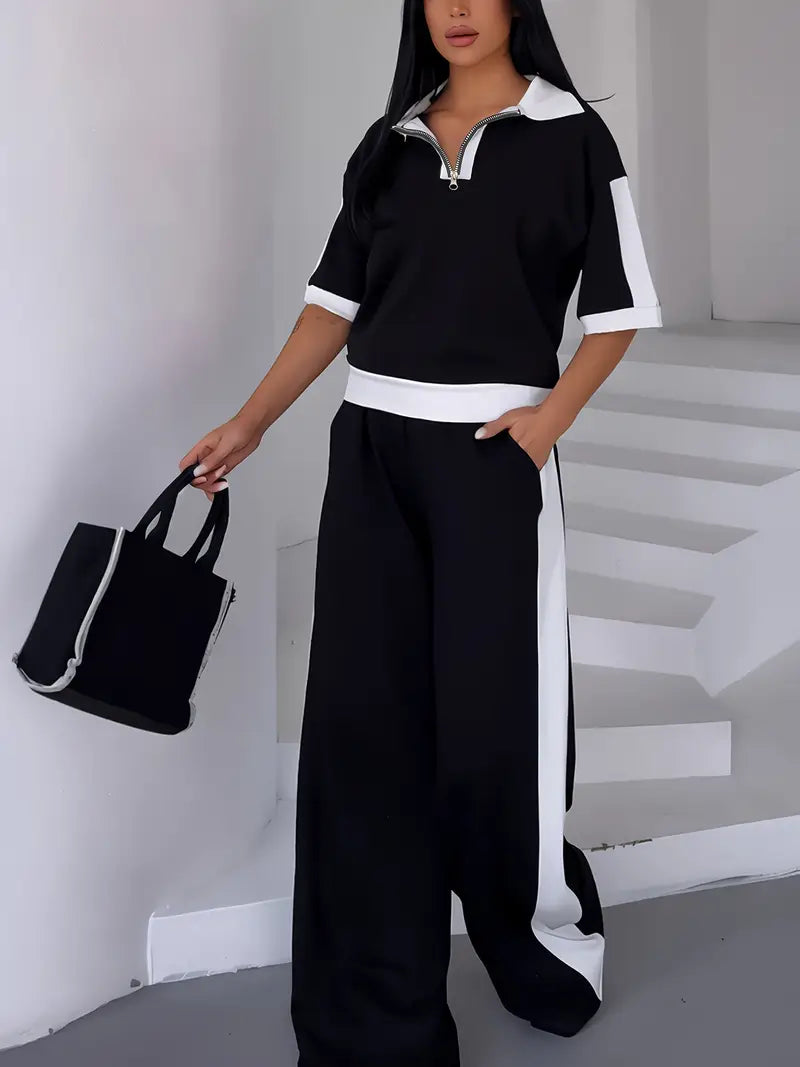 Autumn Women's Color Black Zipper Lapel Set