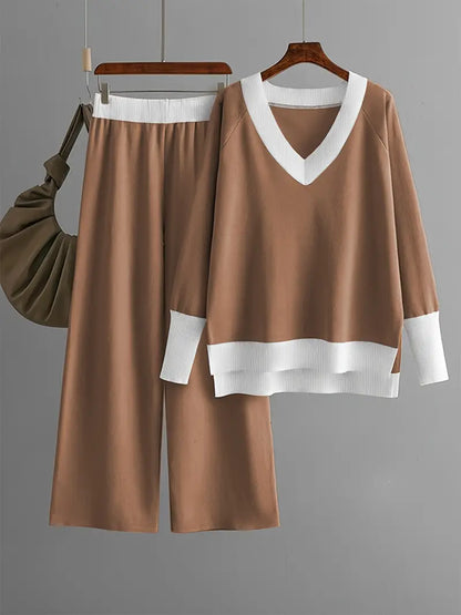 Elegant Two‑Piece Set – Solid V‑Neck Top & Long Trousers