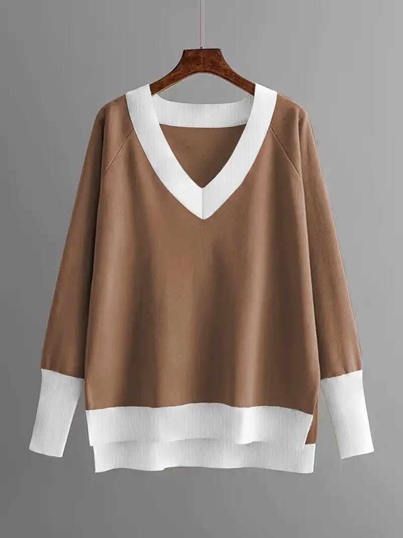 Elegant Two‑Piece Set – Solid V‑Neck Top & Long Trousers