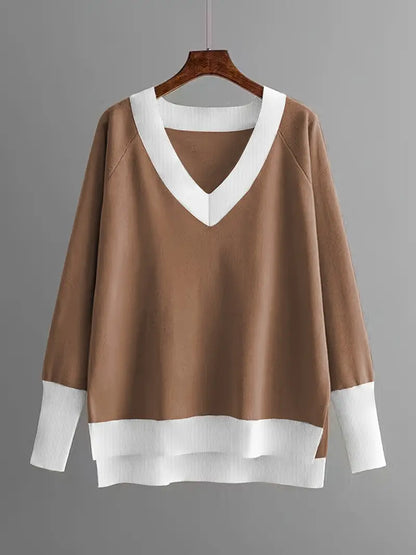 Elegant Two‑Piece Set – Solid V‑Neck Top & Long Trousers