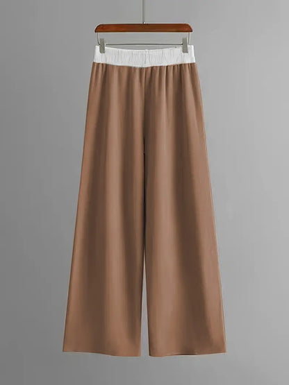 Elegant Two‑Piece Set – Solid V‑Neck Top & Long Trousers