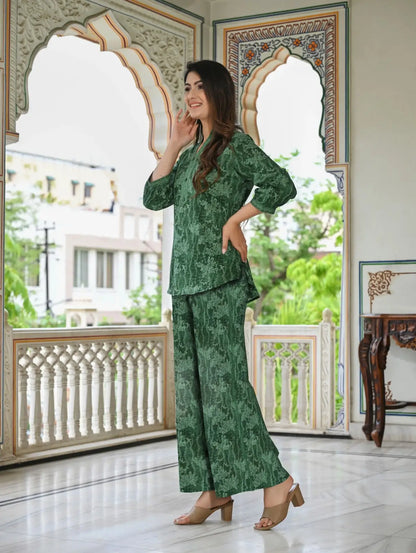 Green floral texture print cotton co-ord set