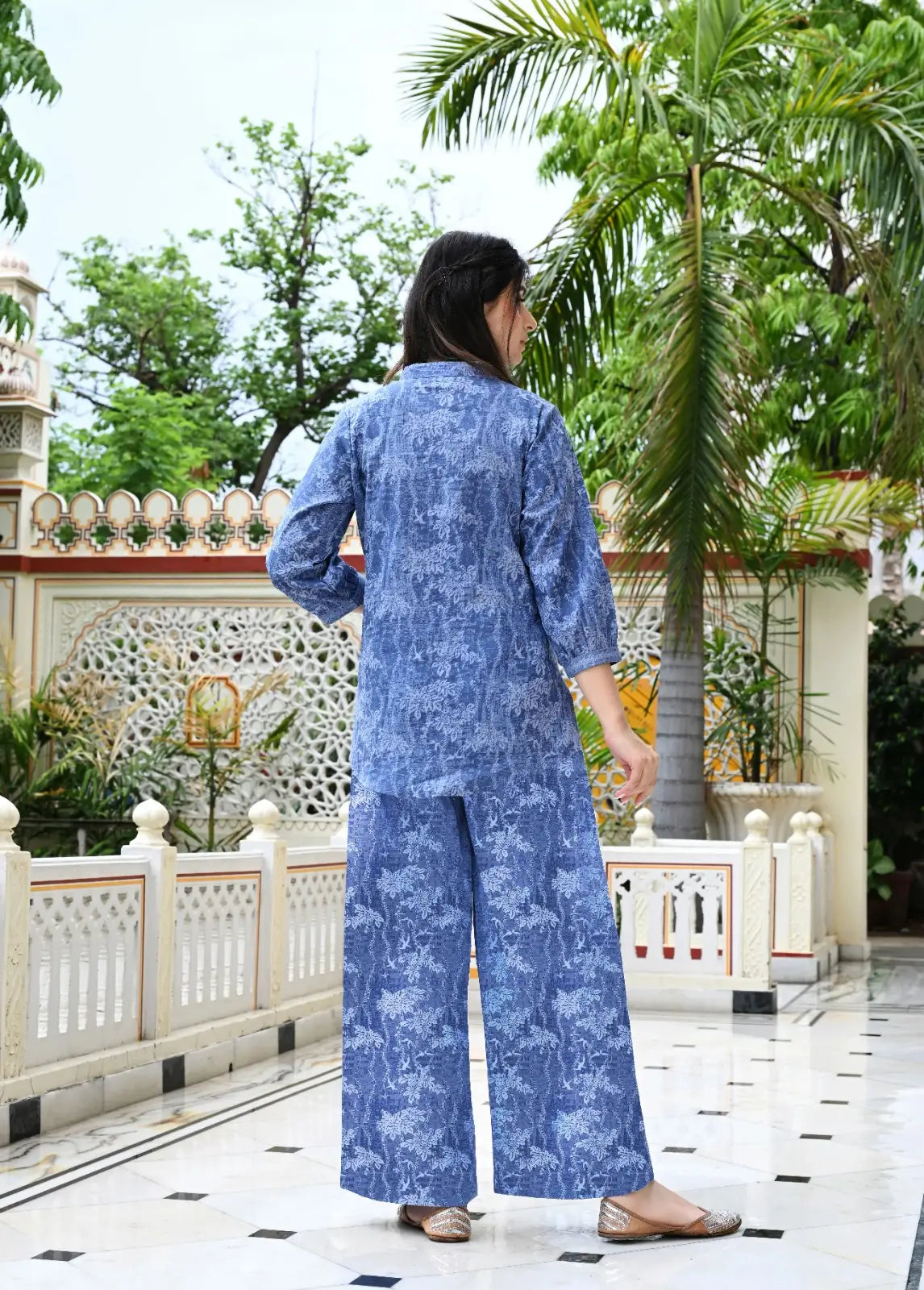 Blue floral texture print cotton co-ord set