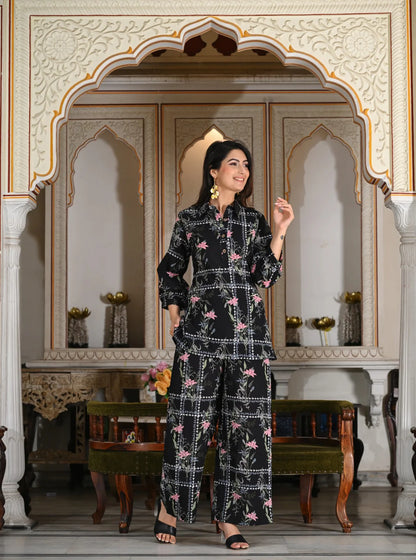 Black geometric floral print cotton co-ord set