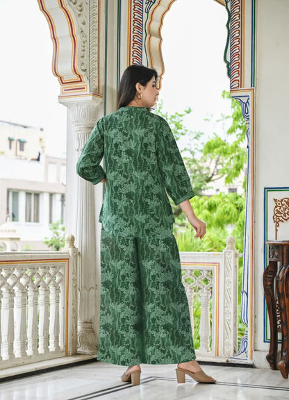 Green floral texture print cotton co-ord set
