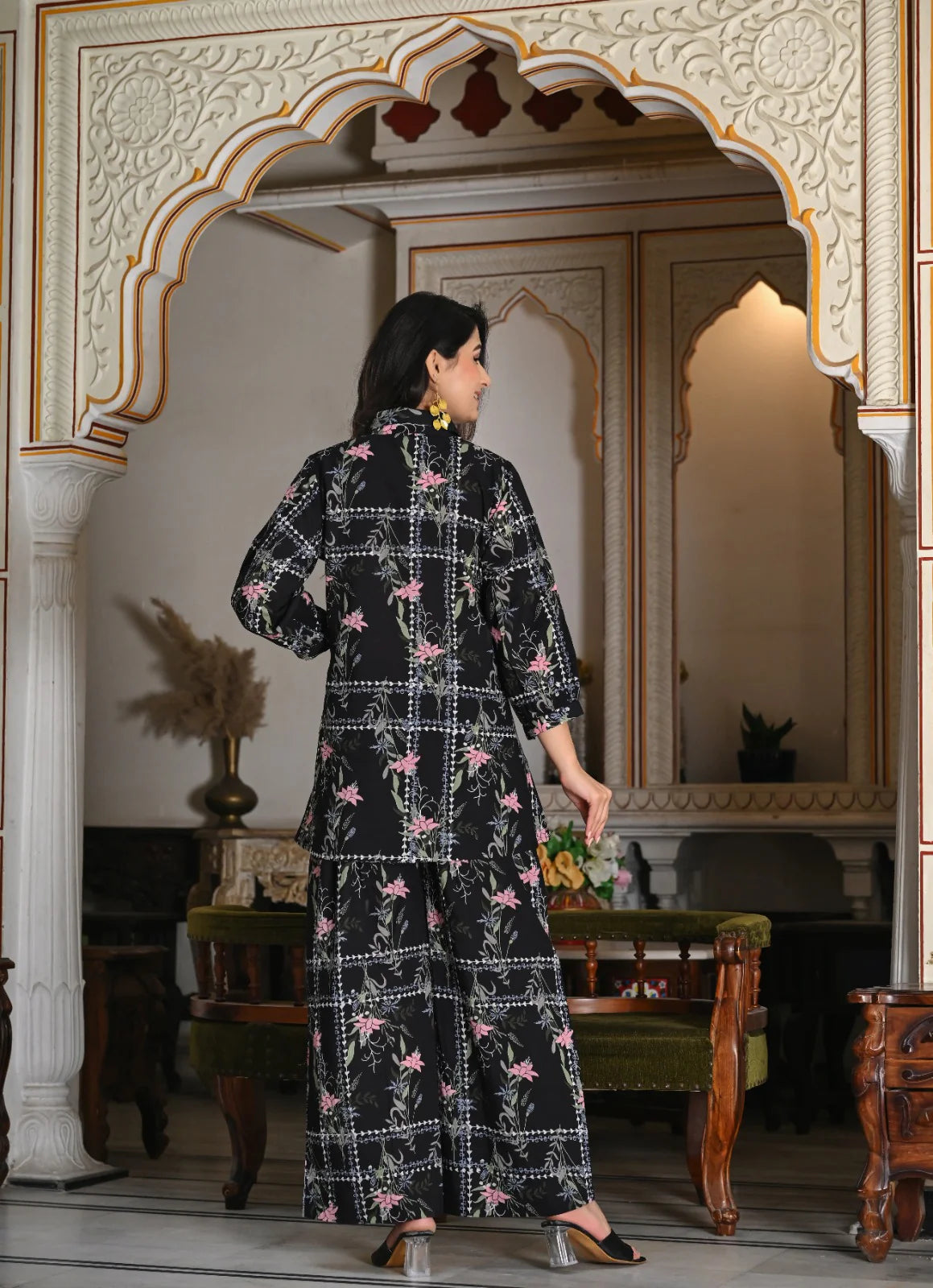 Black geometric floral print cotton co-ord set