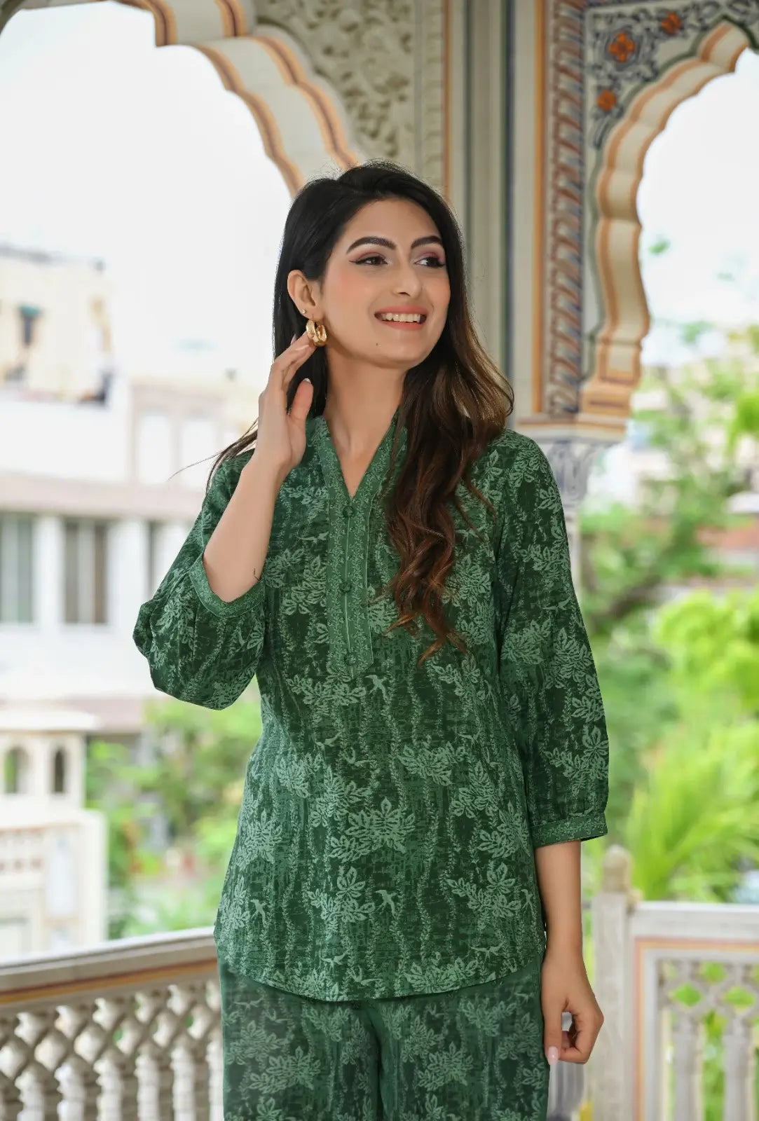 Green floral texture print cotton co-ord set