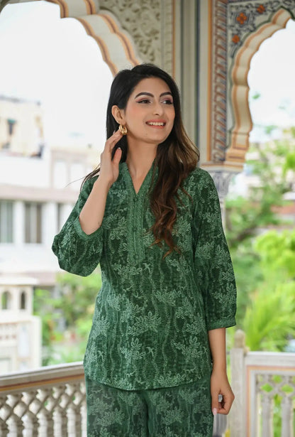 Green floral texture print cotton co-ord set