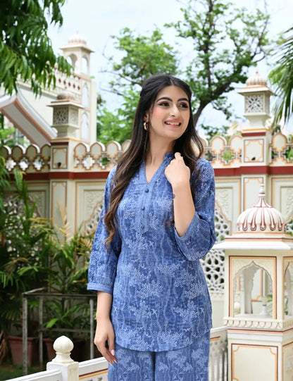 Blue floral texture print cotton co-ord set