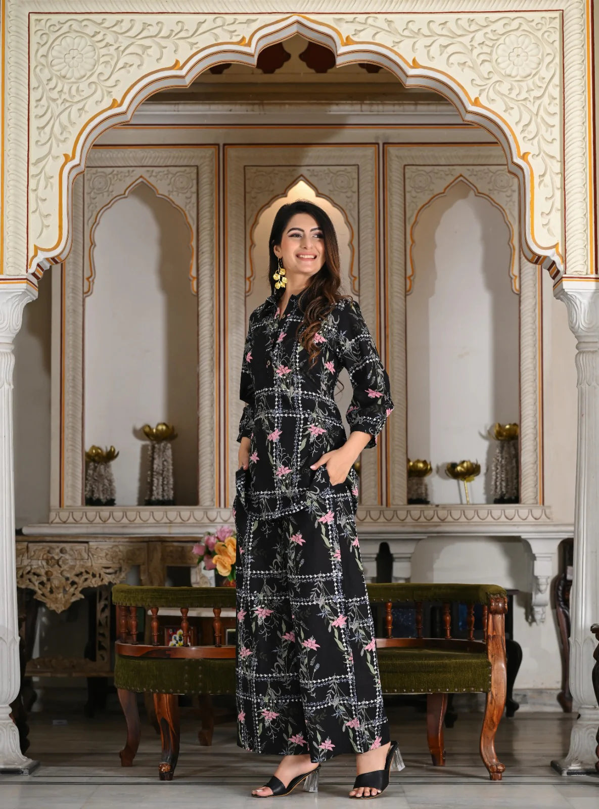 Black geometric floral print cotton co-ord set