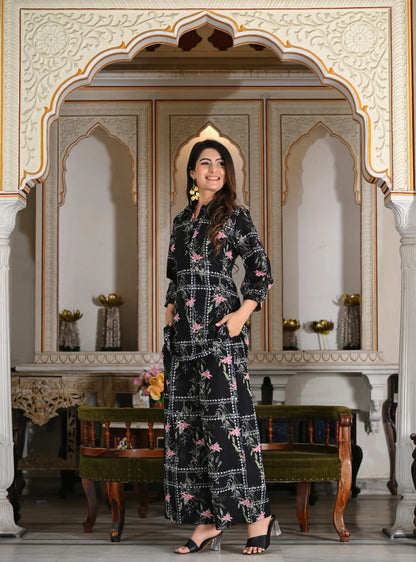 Black geometric floral print cotton co-ord set