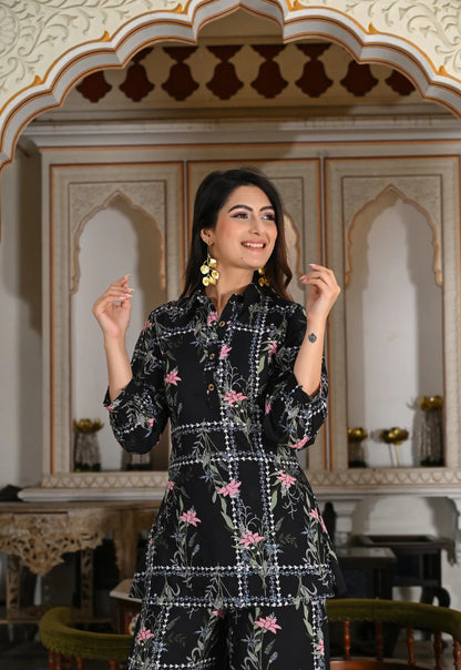 Black geometric floral print cotton co-ord set