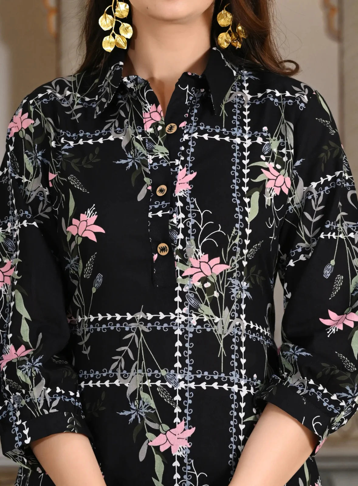 Black geometric floral print cotton co-ord set