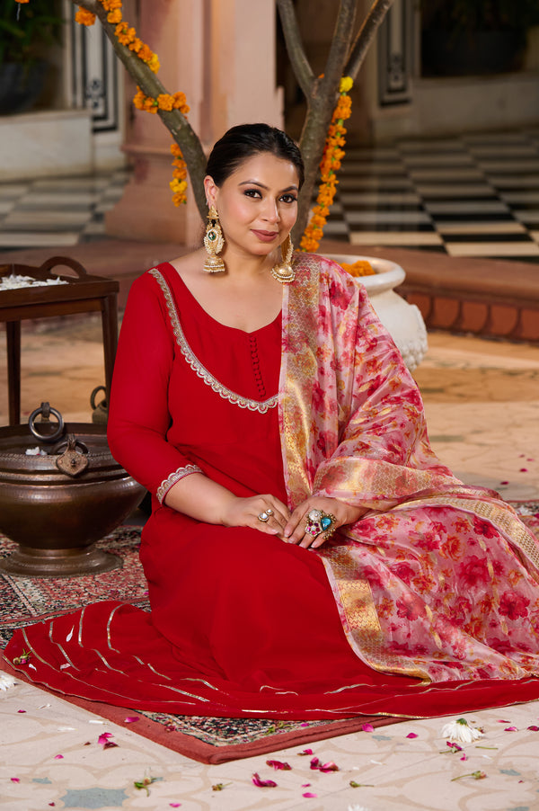 Gulnaar Red Anarkali Kurta Set with Floral Organza Dupatta
