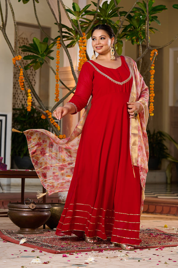 Gulnaar Red Anarkali Kurta Set with Floral Organza Dupatta
