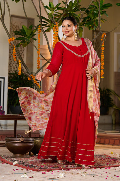 Gulnaar Red Anarkali Kurta Set with Floral Organza Dupatta