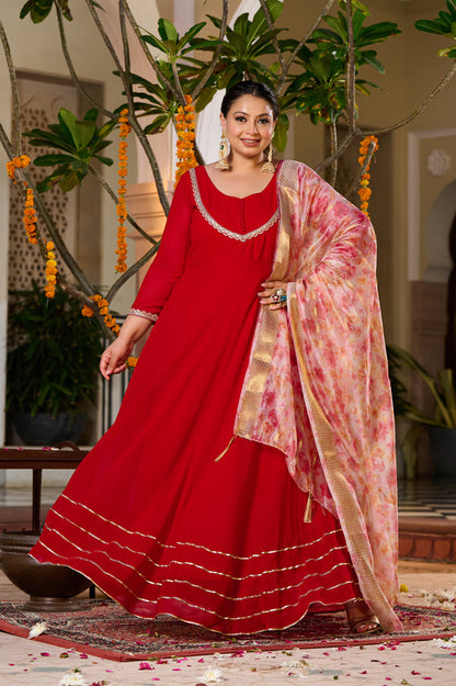 Gulnaar Red Anarkali Kurta Set with Floral Organza Dupatta