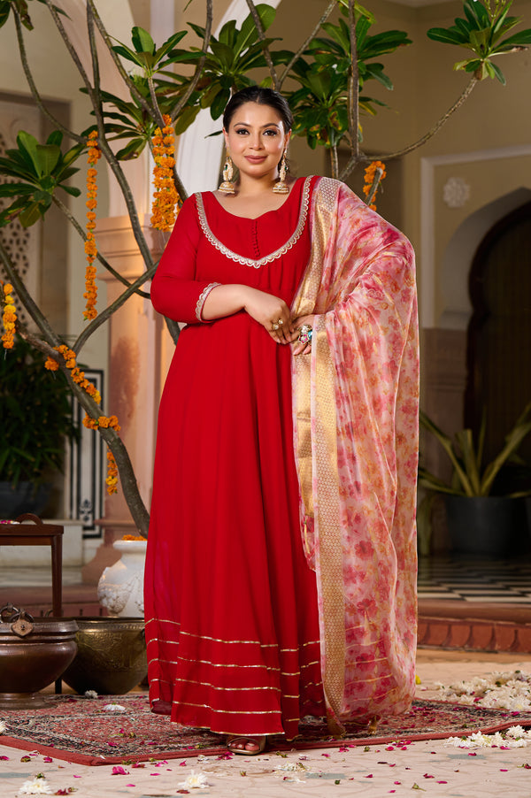 Gulnaar Red Anarkali Kurta Set with Floral Organza Dupatta