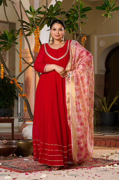 Gulnaar Red Anarkali Kurta Set with Floral Organza Dupatta