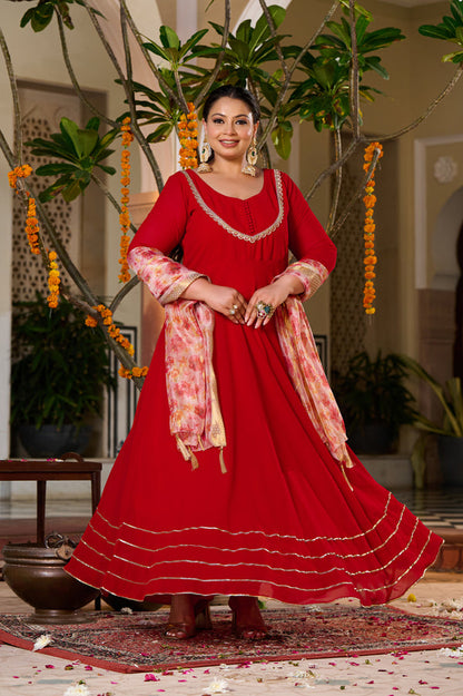 Gulnaar Red Anarkali Kurta Set with Floral Organza Dupatta