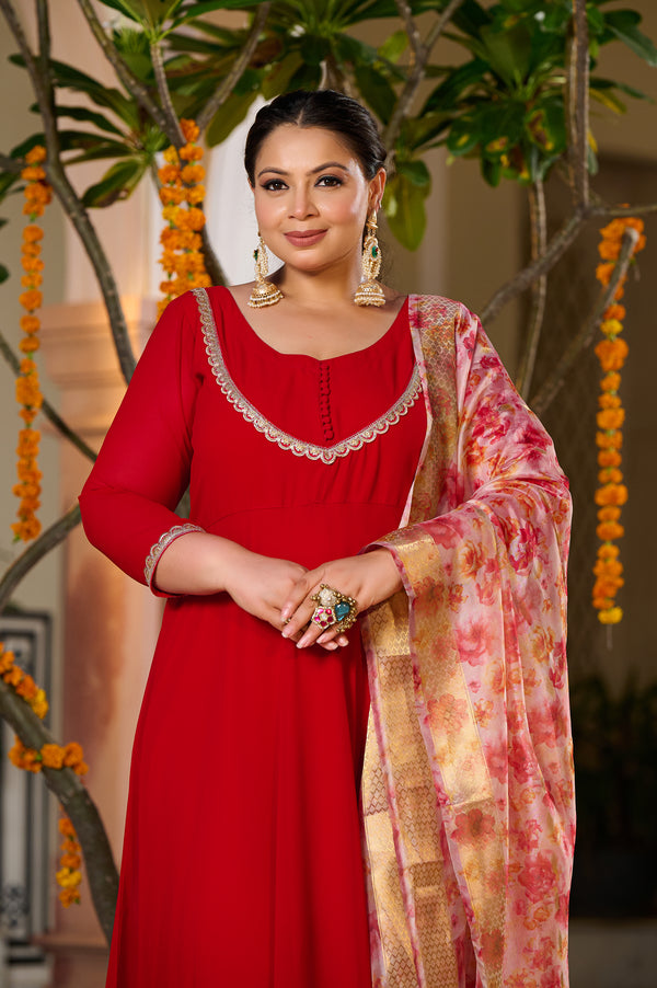 Gulnaar Red Anarkali Kurta Set with Floral Organza Dupatta