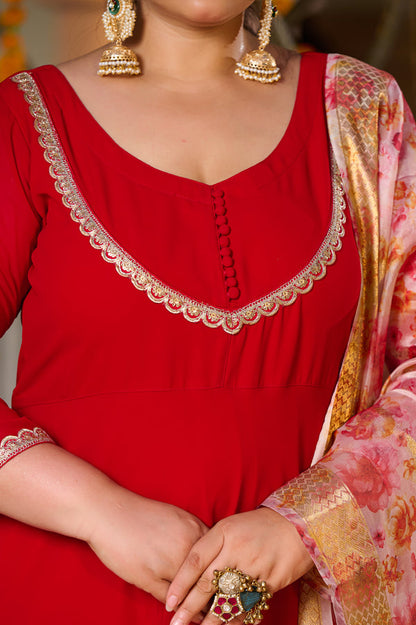 Gulnaar Red Anarkali Kurta Set with Floral Organza Dupatta