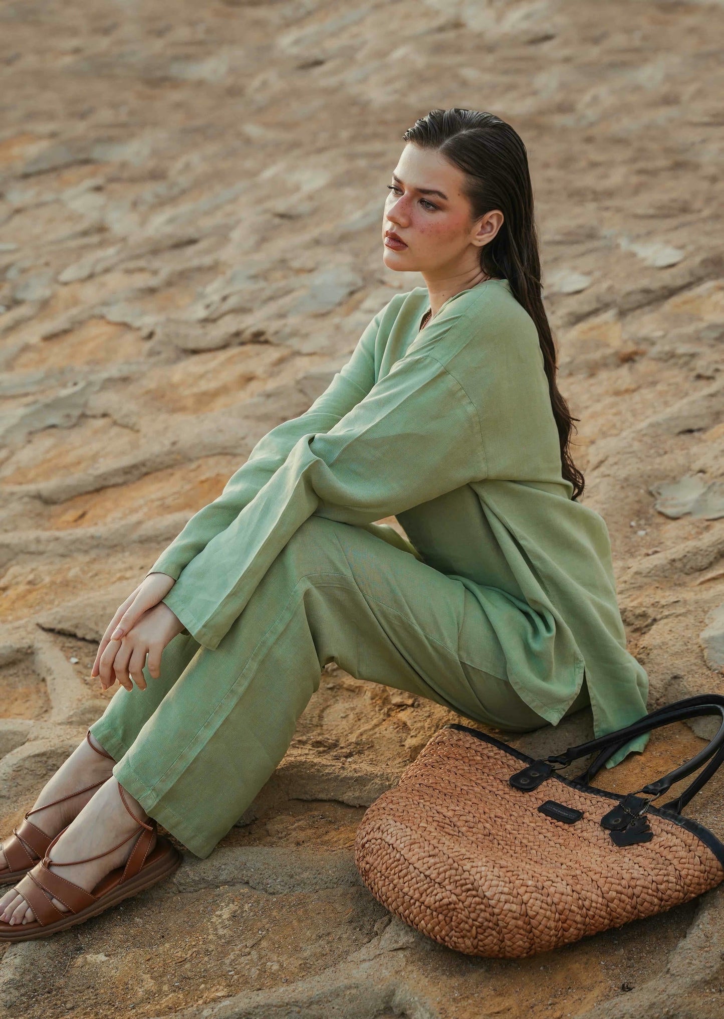 Linen Blend Mandarin Collar Set