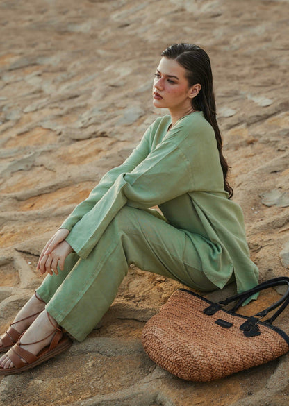 Linen Blend Mandarin Collar Set