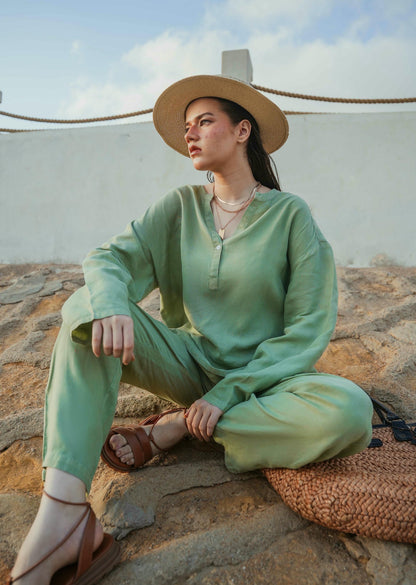 Linen Blend Mandarin Collar Set