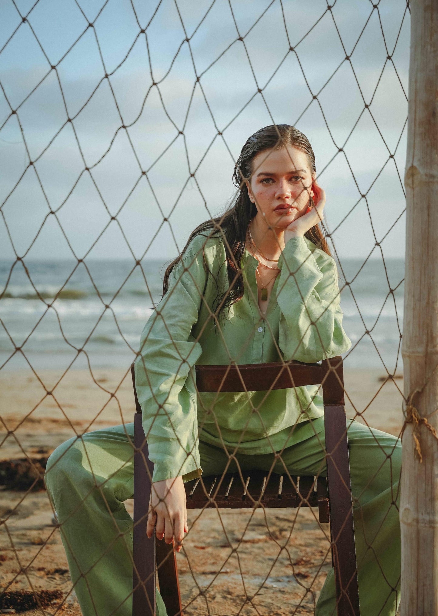 Linen Blend Mandarin Collar Set