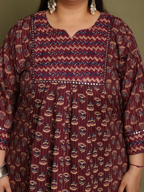 Wine & Beige Cotton Blend Jaipuri Printed Plus Size Kurta & Pant With Dupatta