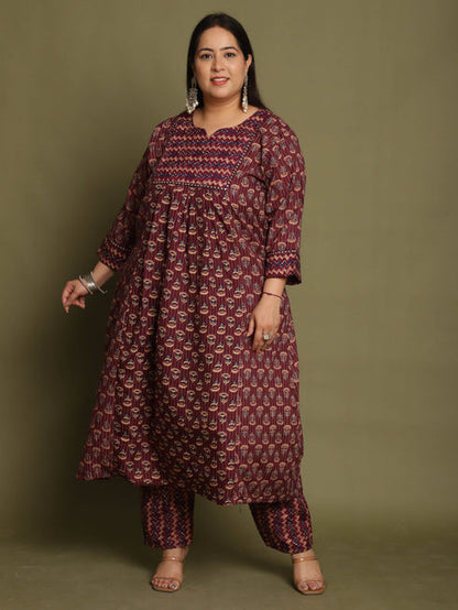 Wine & Beige Cotton Blend Jaipuri Printed Plus Size Kurta & Pant With Dupatta