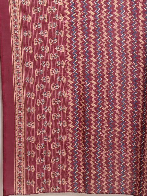 Wine & Beige Cotton Blend Jaipuri Printed Plus Size Kurta & Pant With Dupatta