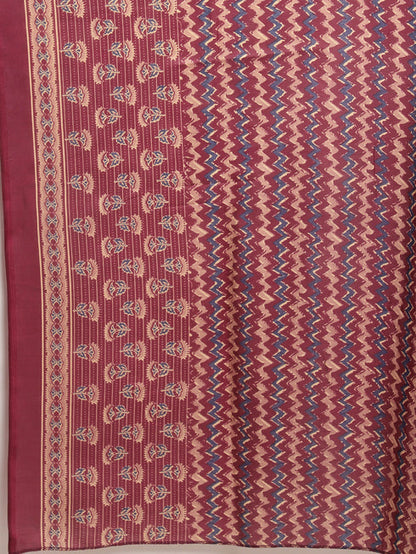 Wine & Beige Cotton Blend Jaipuri Printed Plus Size Kurta & Pant With Dupatta