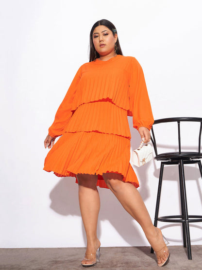 Women Orange Pleated Skater Tiered Dress