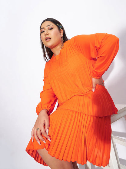 Women Orange Pleated Skater Tiered Dress