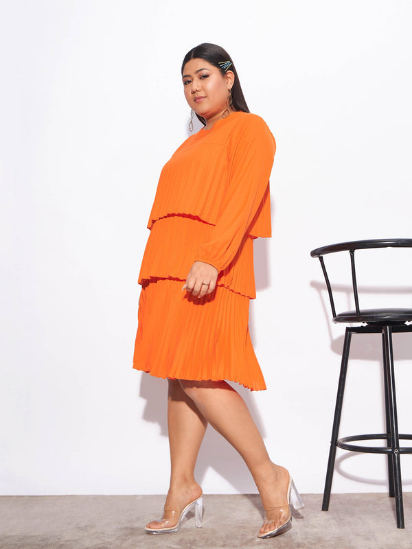 Women Orange Pleated Skater Tiered Dress