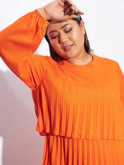 Women Orange Pleated Skater Tiered Dress