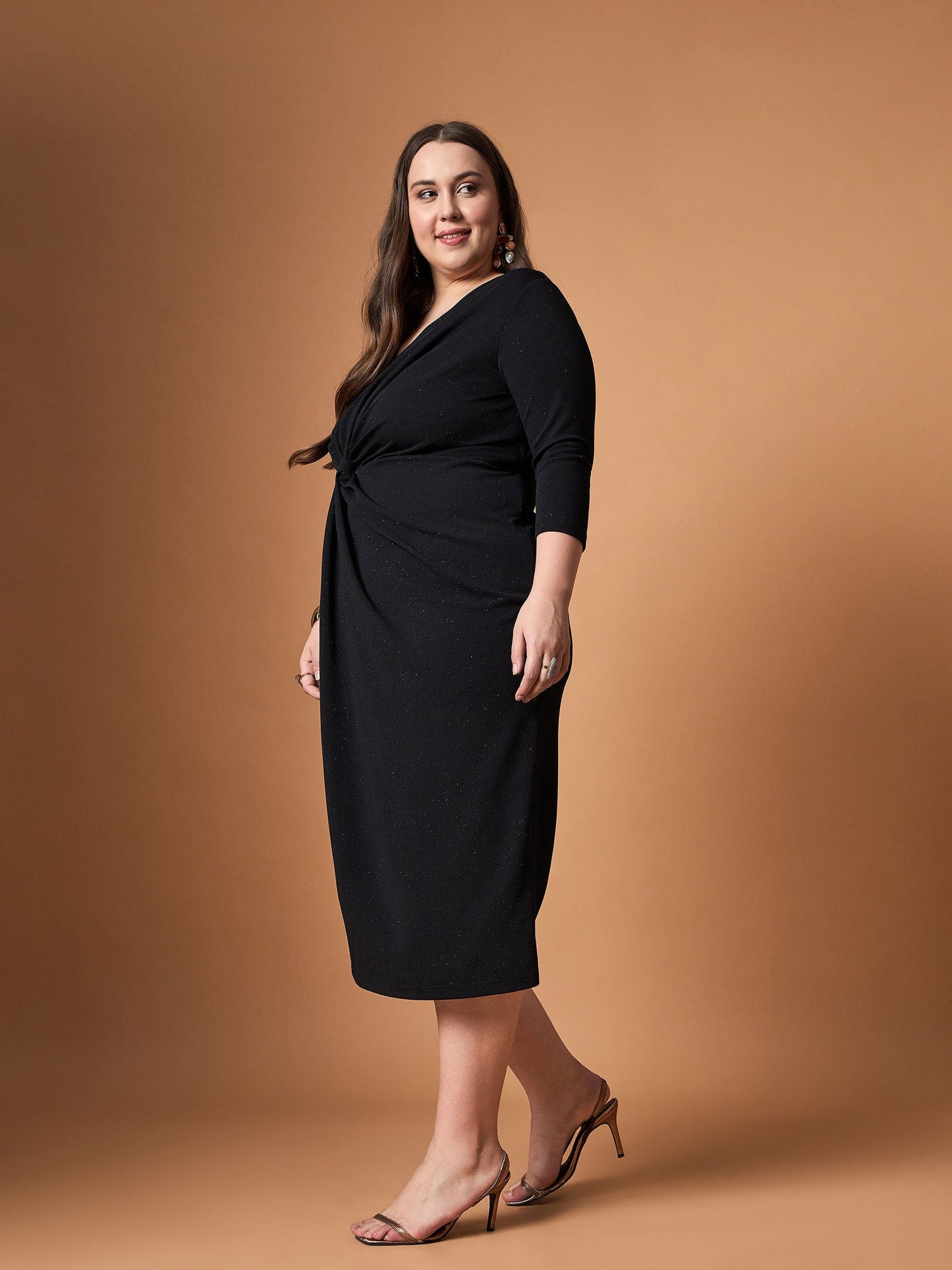 Women Black Glitter Side Knot Midi Dress