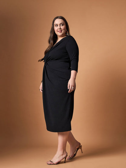 Women Black Glitter Side Knot Midi Dress