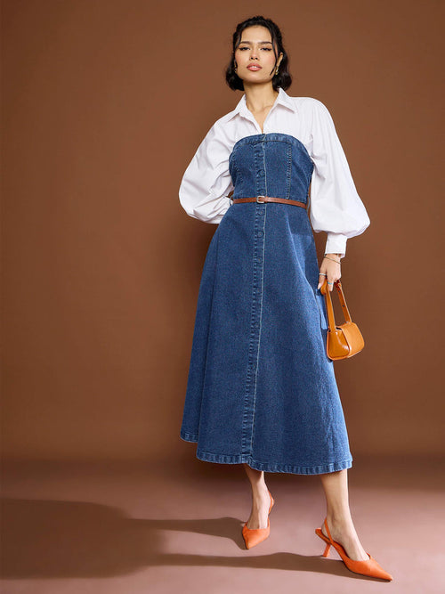 Women Blue Washed Denim Tube Dress