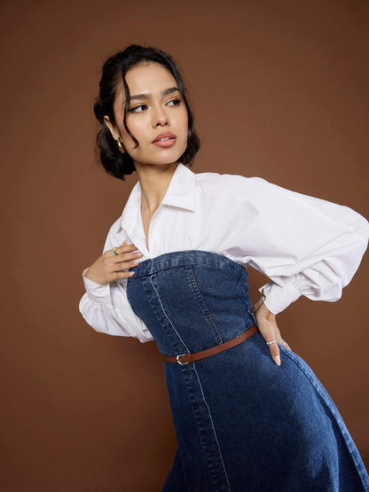 Women Blue Washed Denim Tube Dress