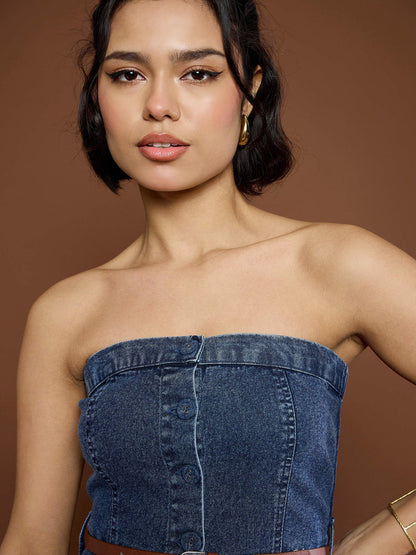 Women Blue Washed Denim Tube Dress