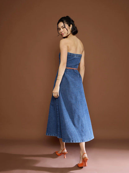 Women Blue Washed Denim Tube Dress