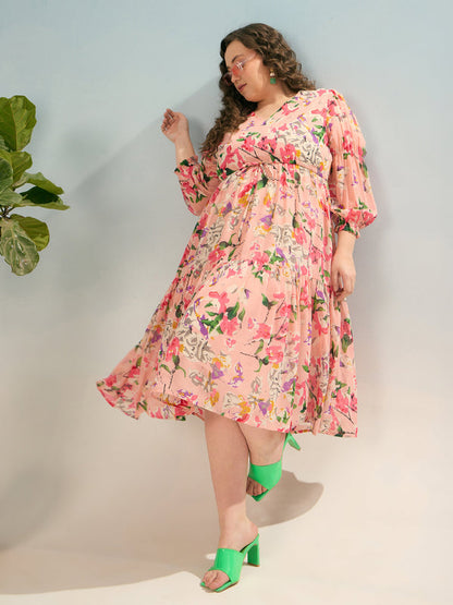 Women Pink Floral Tiered Midi Dress