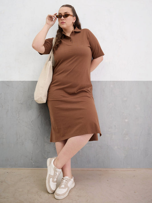 Women Brown Polo Neck Side Slit Midi Dress